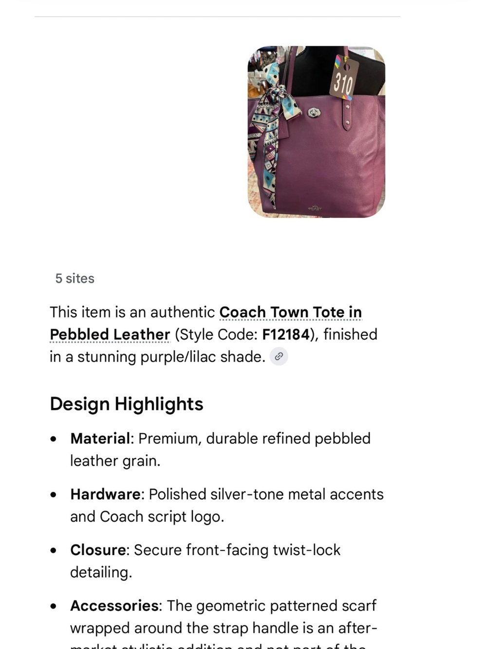 COACH Town Tote Purple Pebbled Leather Tote - Picture 7 of 15